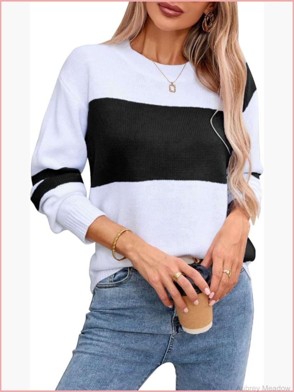 Color Block Pullover Sweater Long Sleeve Crew Neck Loose Casual